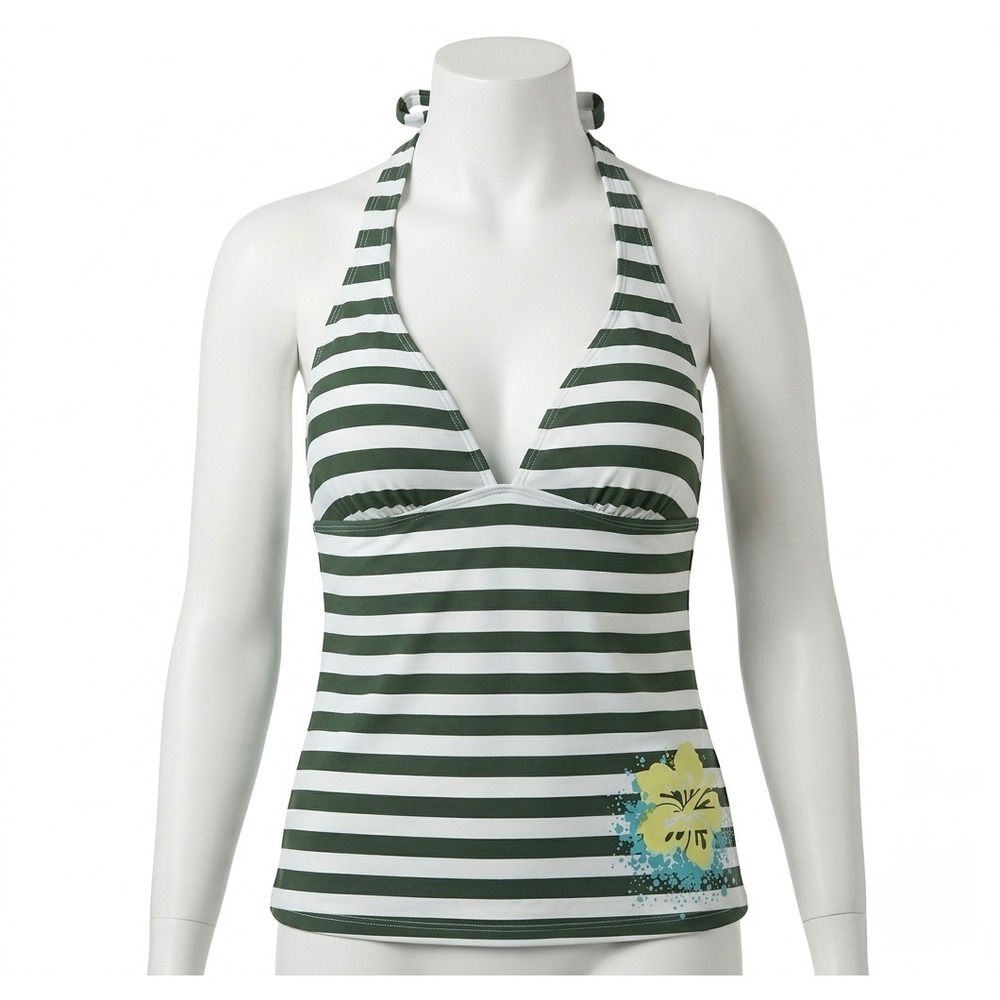 Unbranded Top Womens Small Green White Excellent Striped Floral Halter